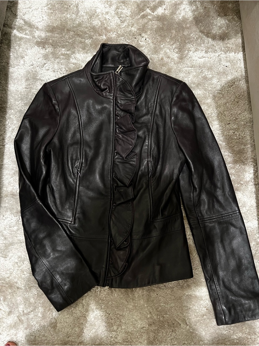 Tahari Black Leather Ruffle-Front Jacket